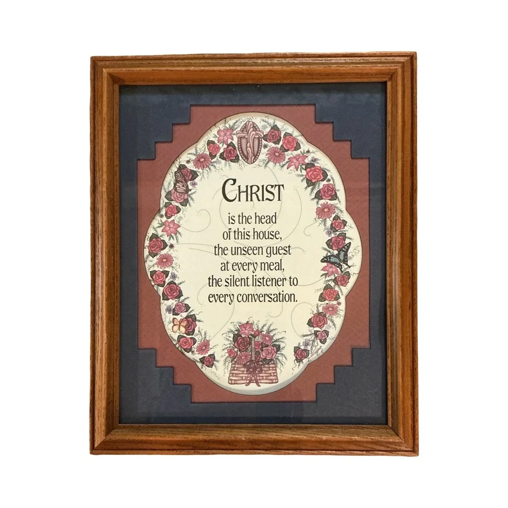 Vintage Christ is the Head of this House Framed Wall Art Floral Blessing 11x9